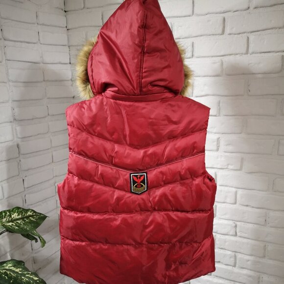 MJR Active Ladies Size XL Faux Fur Trimmed Red Hooded Puffy Vest - Picture 2 of 12